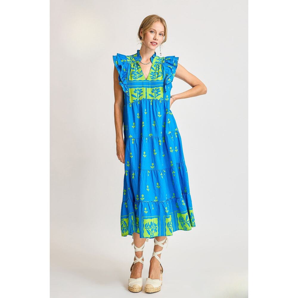 Umgee NWT Blue Floral Tiered Midi Dress Ruffle Sleeve Boho Sz M